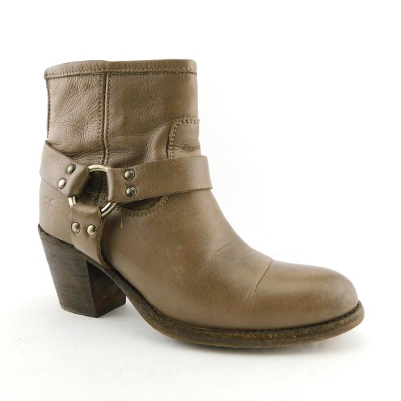 FRYE Brown Leather Tabitha Harness Short Block Heel Ankle Boots 7 - Picture 1 of 9